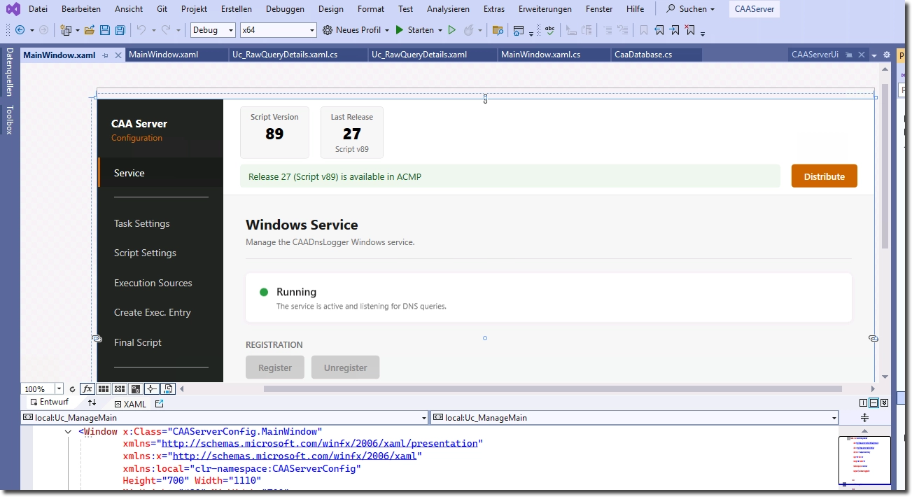 CAA Server configuration screen with left menu; main panel shows Windows Service status Running (green), Script Version 89, Release 27, and a Distribute button.