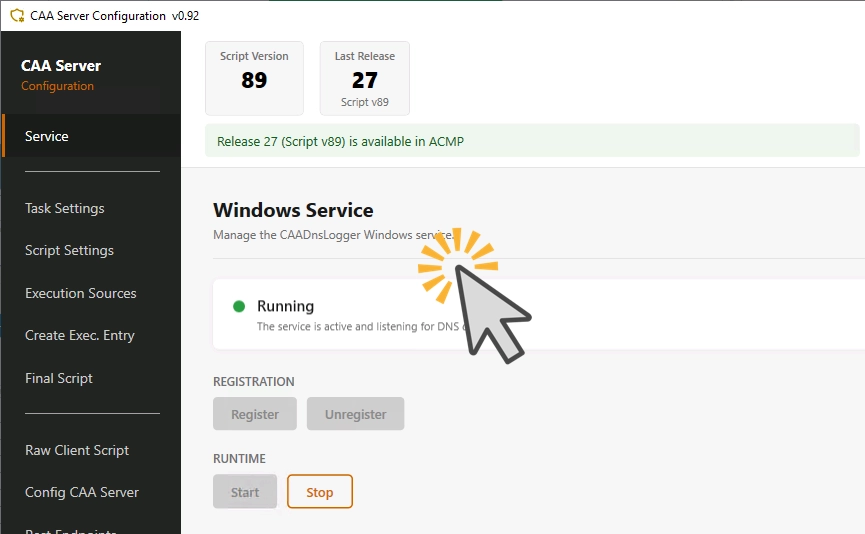 CAA Server Configuration: Übersicht des Windows-Dienstes mit Script Version 89, Release 27 und Status "Running" – der CAA DNS-Logger ist aktiv